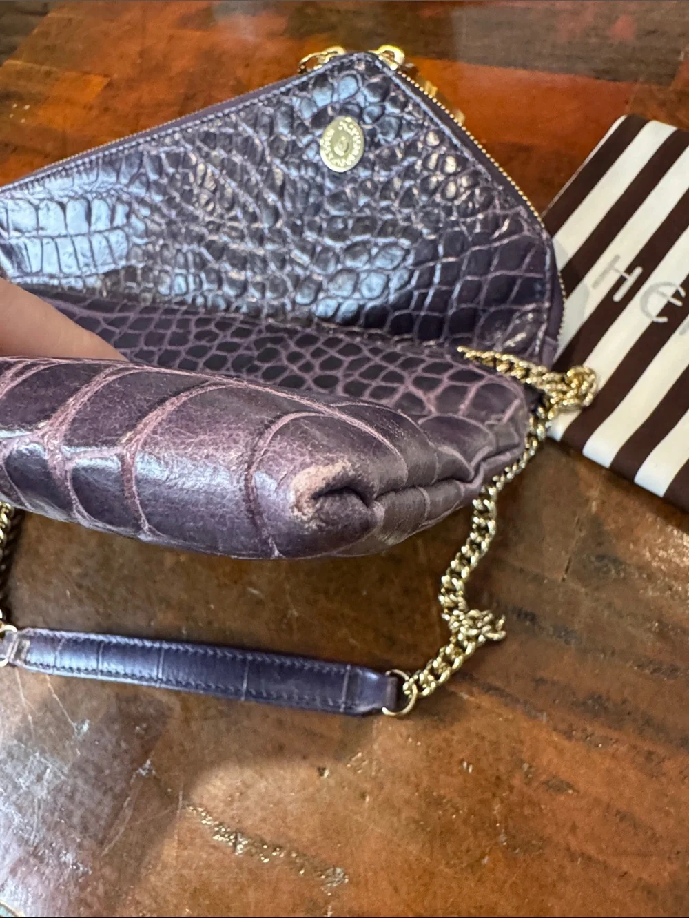 henri bendel Plum Croc-Embossed Leather Chain Shoulder Clutch